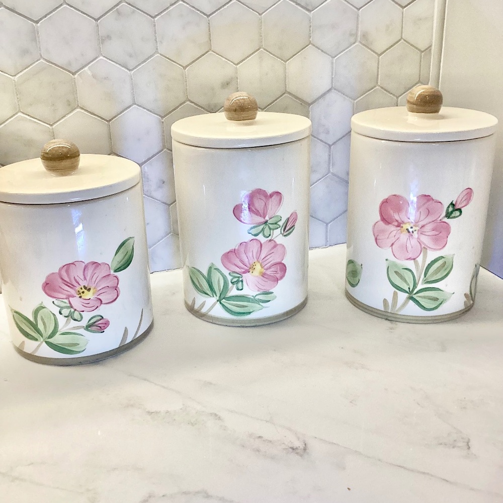 Three piece canister ceramic jar desert rose Franciscan airtight lid